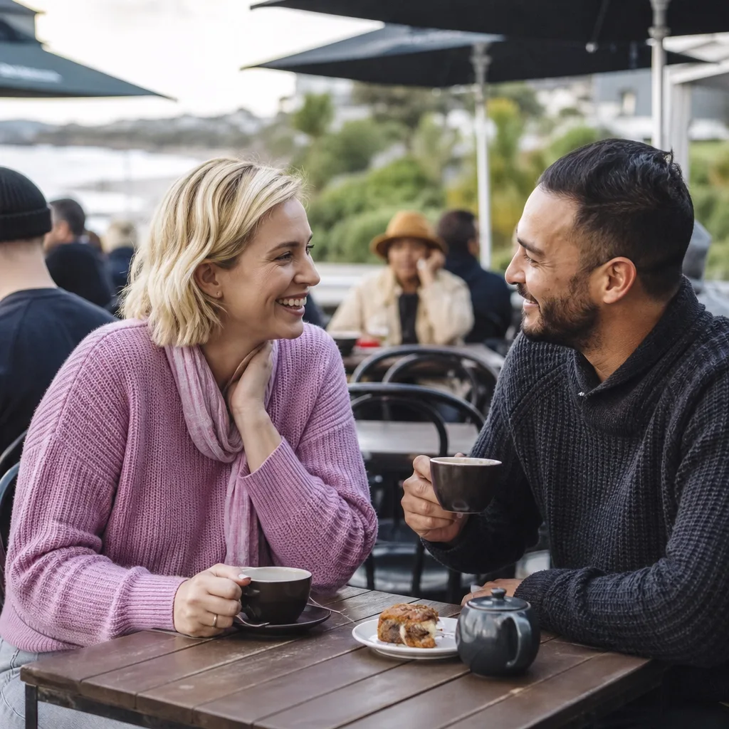 Two adults chatting at an outdoor table in Hexham town centre