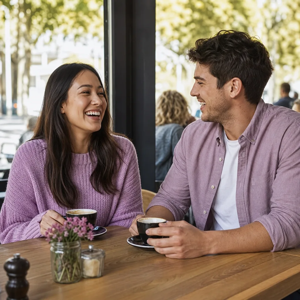 A couple meeting in daylight outside a café in Alnwick