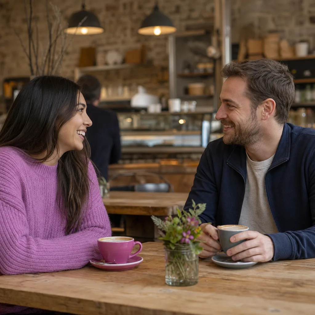 Two adults talking over drinks at a country pub near Hadrian's Wall