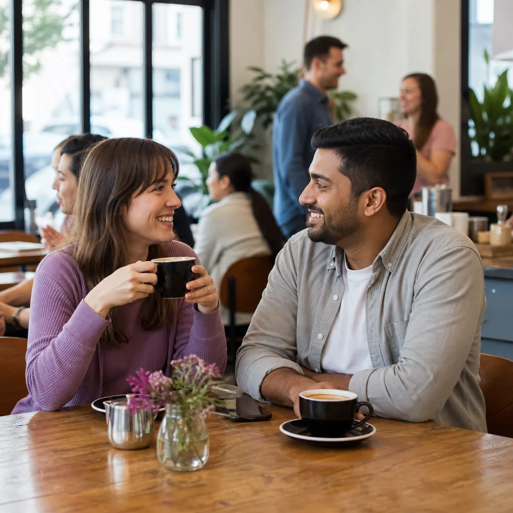 Two adults meeting at a busy public venue in Northumberland